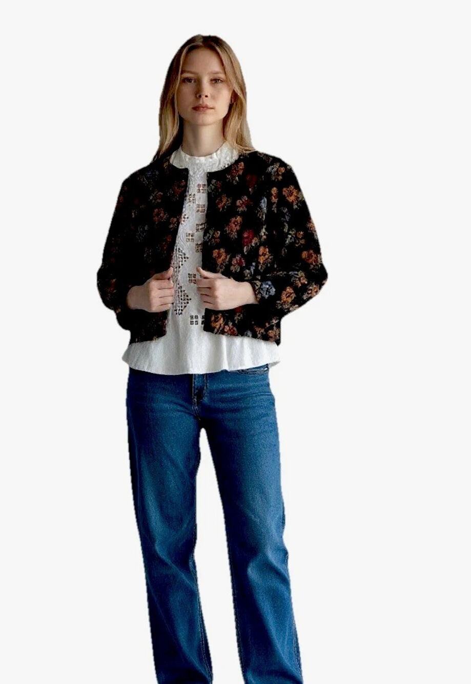 Vtg Brocade Chenille Jacket Flowers Cropped Swing Black by JOVI 1960s Sz S/M